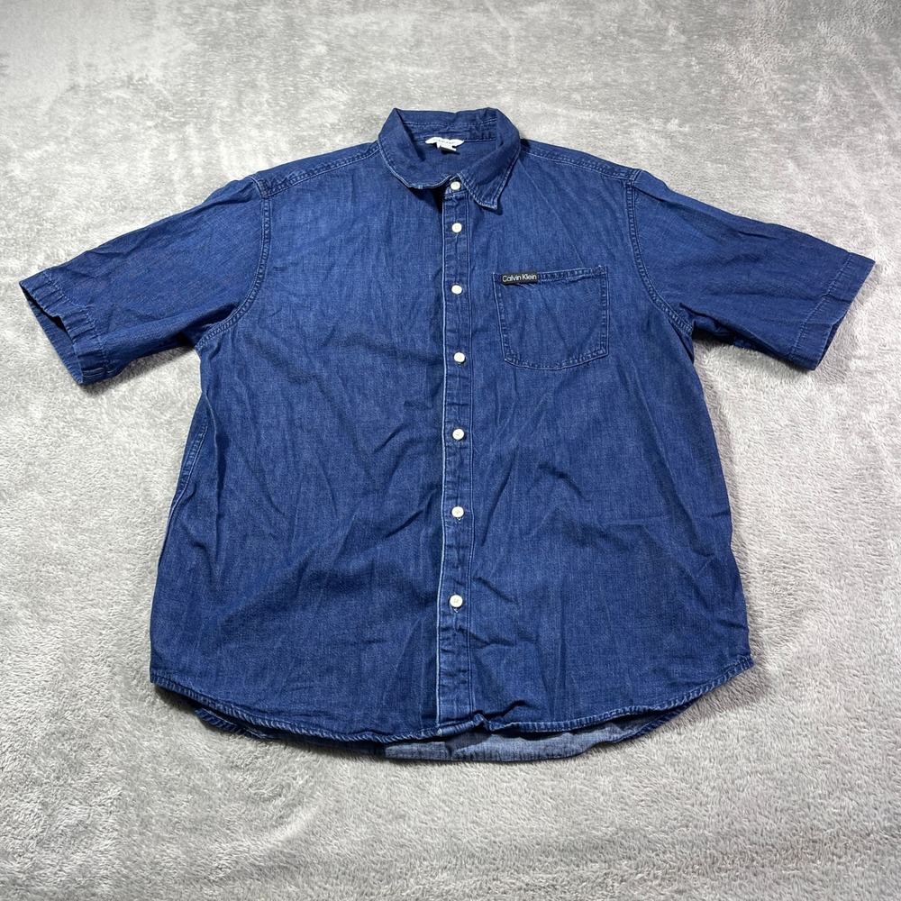 Calvin Klein Denim Shirt Short Men's‎ Large Blue Sleeve Button Up Casual Biker